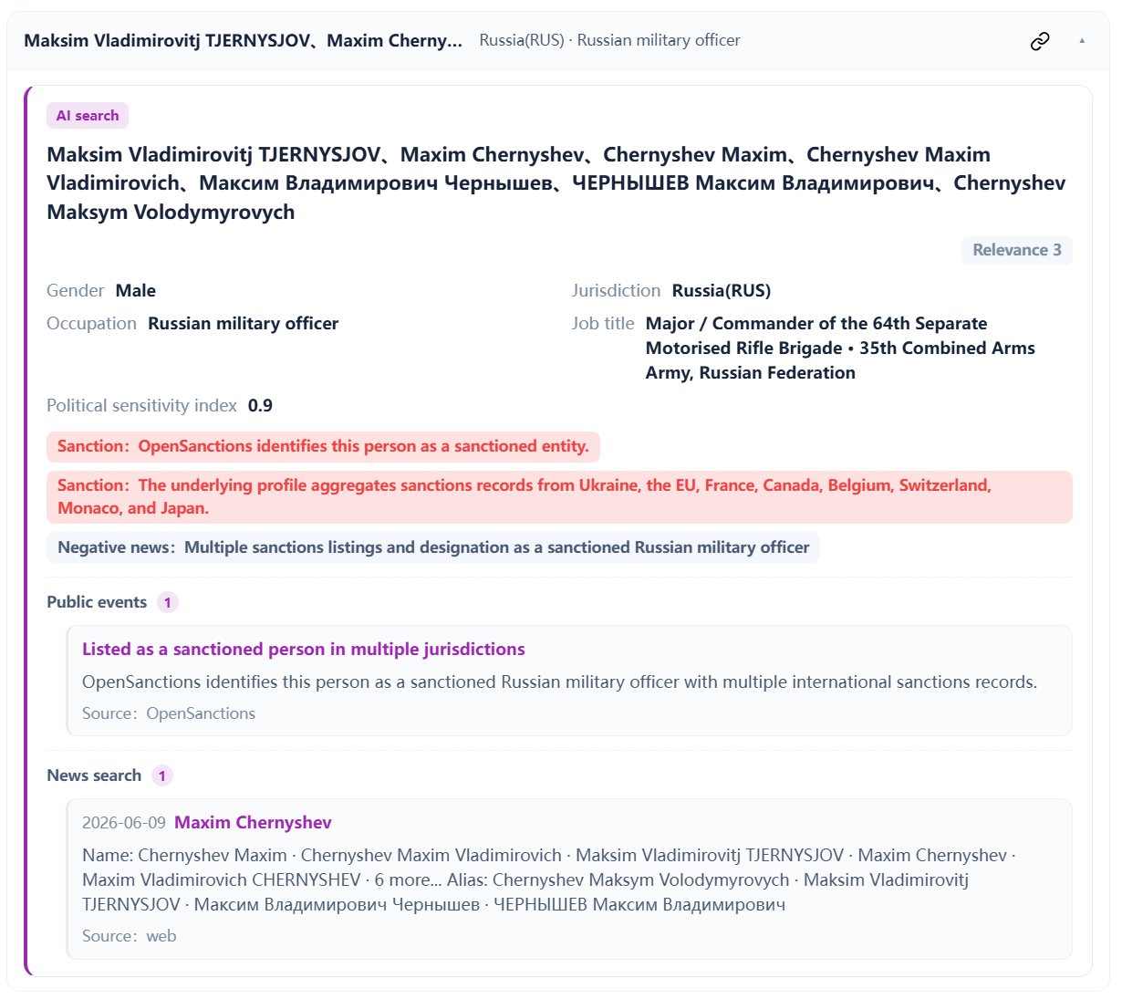 AI adverse media report with sanctions, public events and news sources