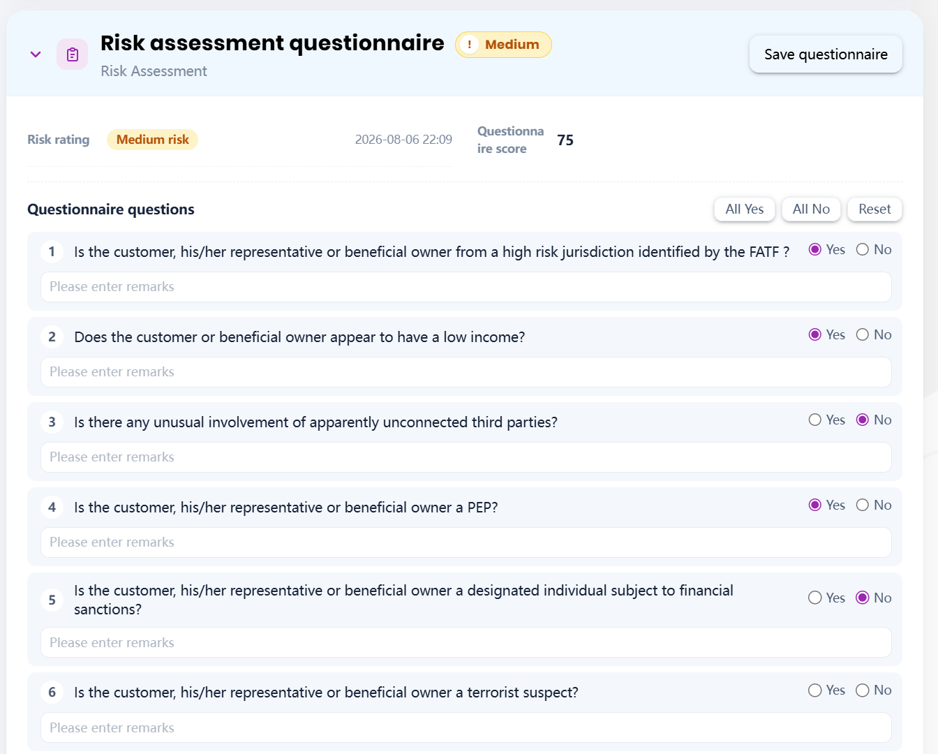 Risk assessment questionnaire with risk rating and score