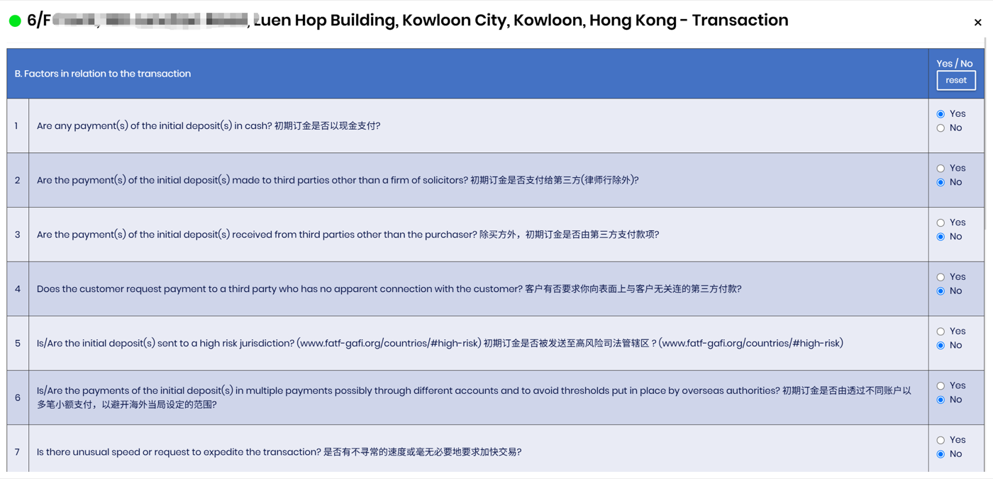 Transaction monitoring factor checklist for a property transaction